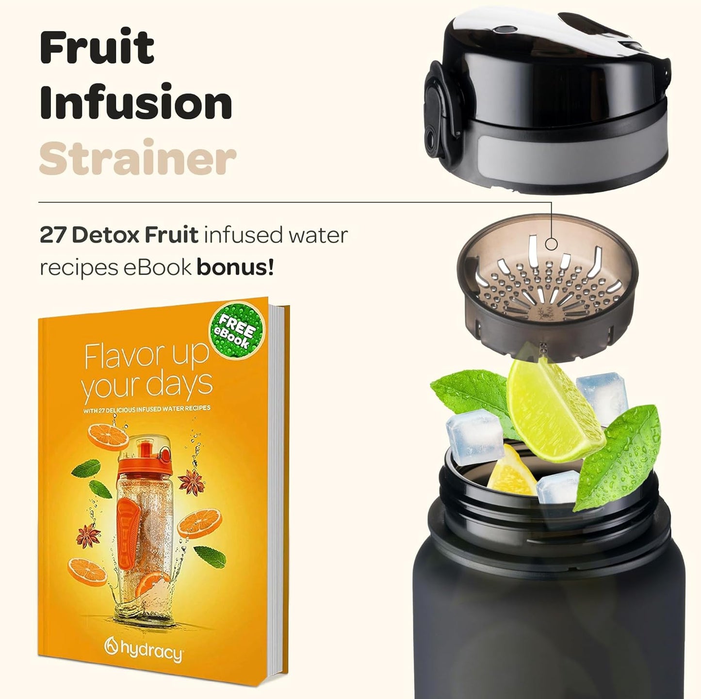 Water Bottle with Time Marker -Large BPA Free Water Bottle & No Sweat Sleeve -Leak Proof Gym Bottle with Fruit Infuser Strainer & Times to Drink -Ideal for Fitness Sports & Outdoors