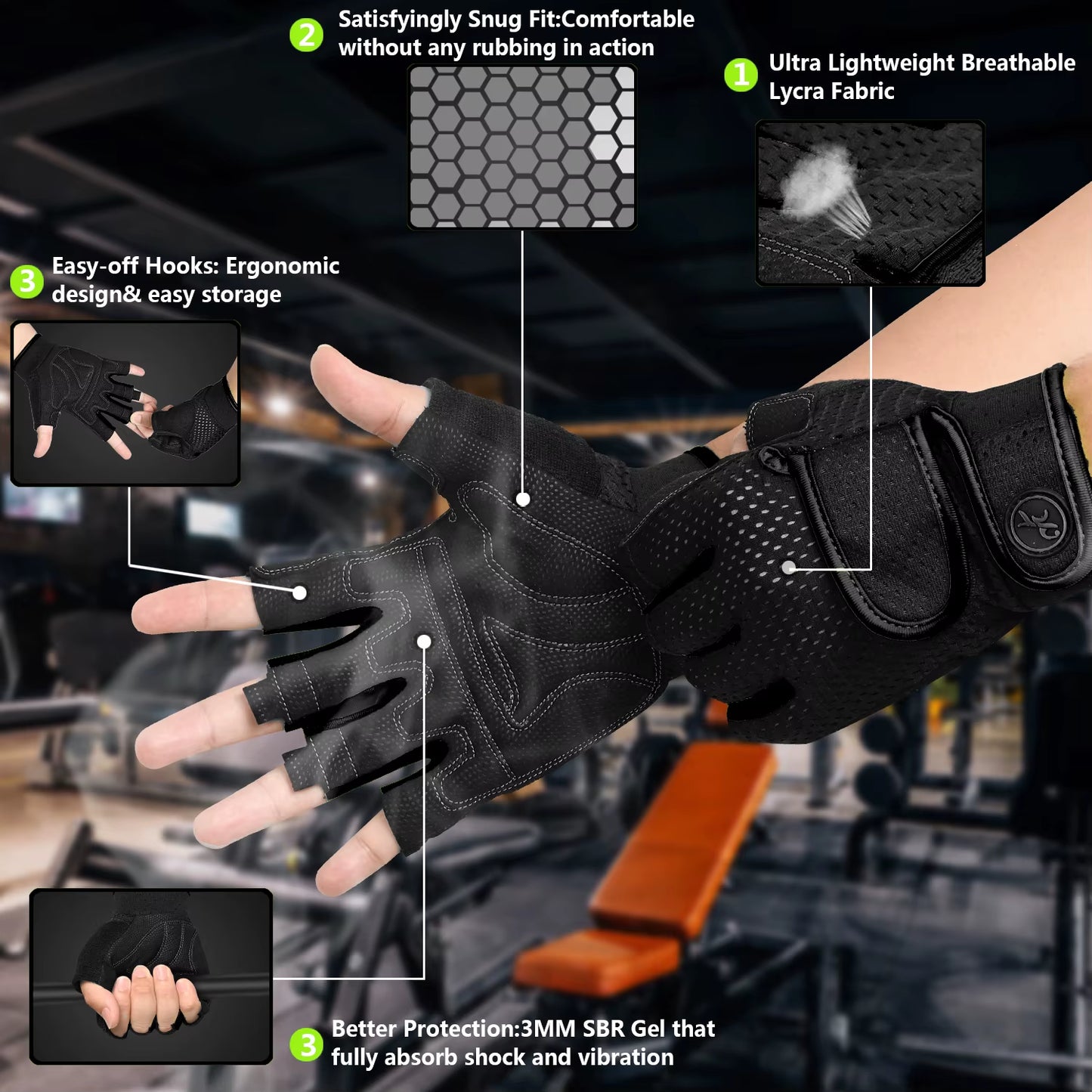 MOREOK Workout Gym Gloves Men Women,3Mm SBR Pads,Half Finger Weight Lifting Exercise Fitness Gloves for Training,Pull Ups,Rowing